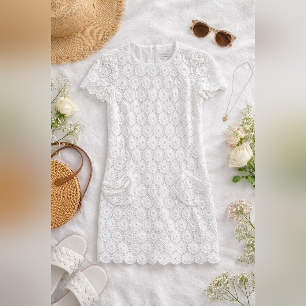 Shoshanna White S Sleeve Eyelet Lined Cotton Zip Back Summer Short Dress. Size 2